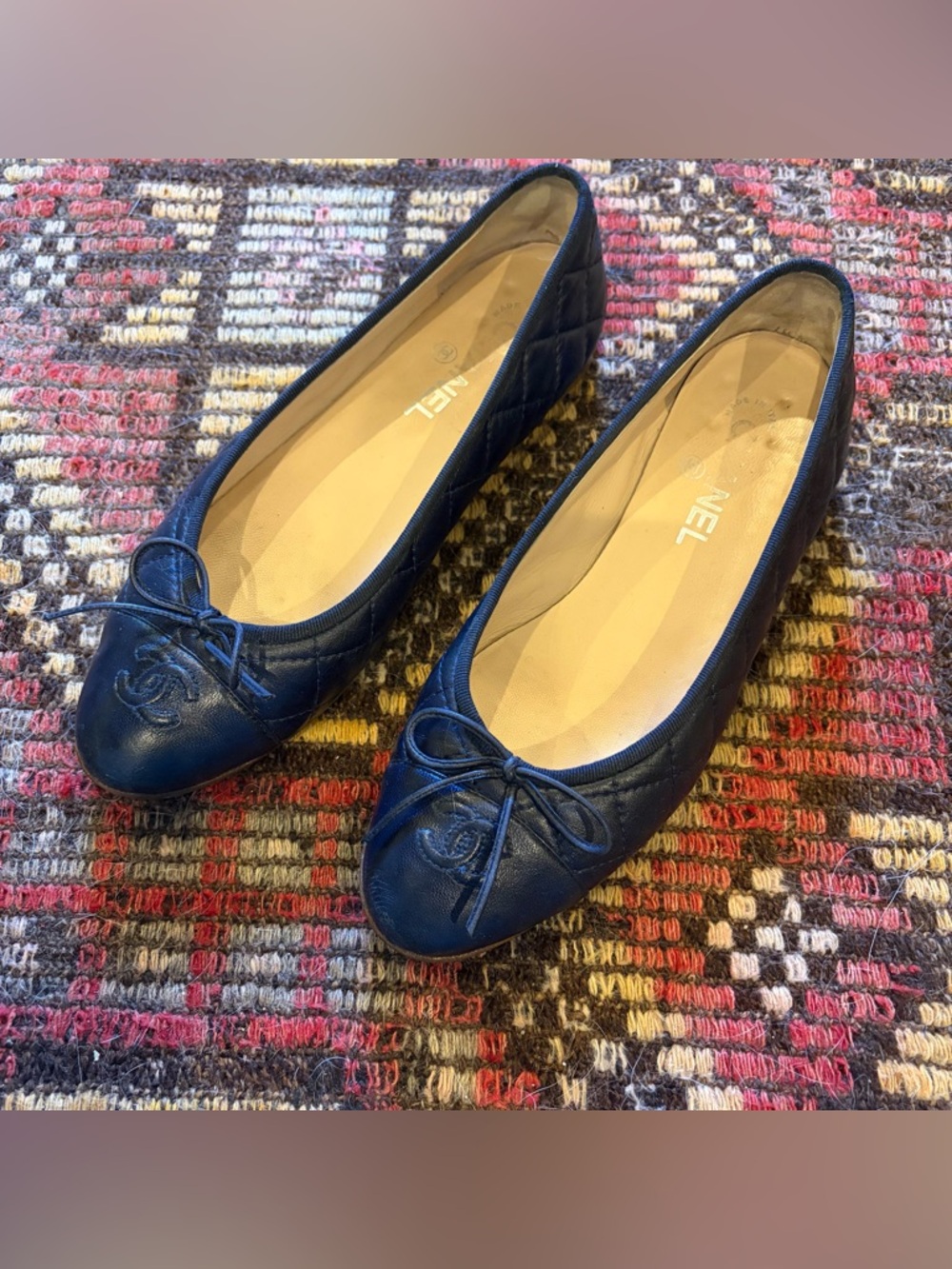 Chanel Navy Quilted Lambskin Ballerina Flats size 39 (fits 8)